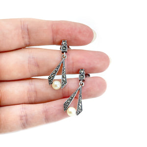 Marcasite Antique Akoya Saltwater Cultured Pearl Pierced Drop Earrings- Sterling Silver