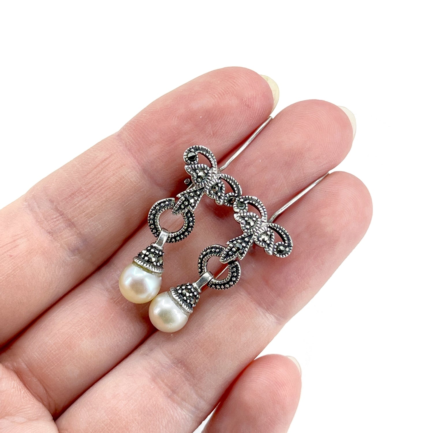 Marcasite Antique Akoya Saltwater Cultured Pearl Pierced Ribbon Drop Earrings- Sterling Silver