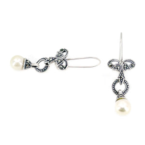 Marcasite Antique Akoya Saltwater Cultured Pearl Pierced Ribbon Drop Earrings- Sterling Silver