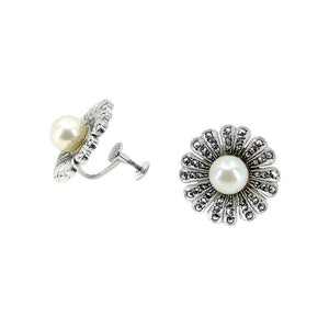 Marcasite Daisy Akoya Saltwater Cultured Pearl Vintage Screwback Earrings- Sterling Silver