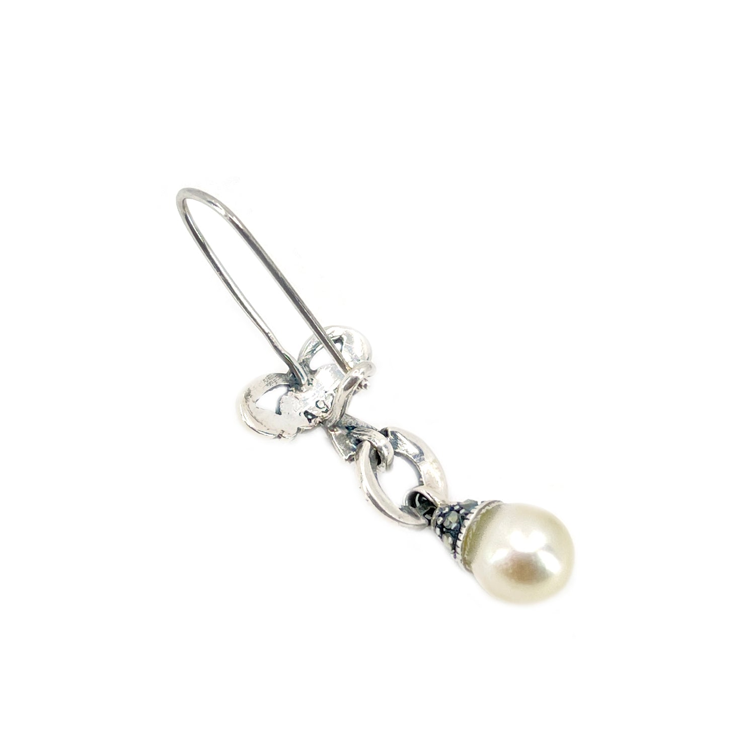 Marcasite Antique Akoya Saltwater Cultured Pearl Pierced Ribbon Drop Earrings- Sterling Silver