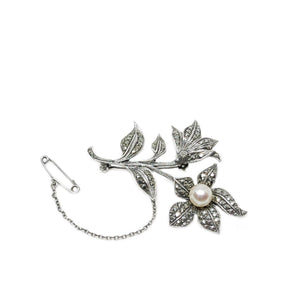 Marcasite Branch Japanese Akoya Cultured Saltwater Pearl Floral Brooch- Sterling Silver