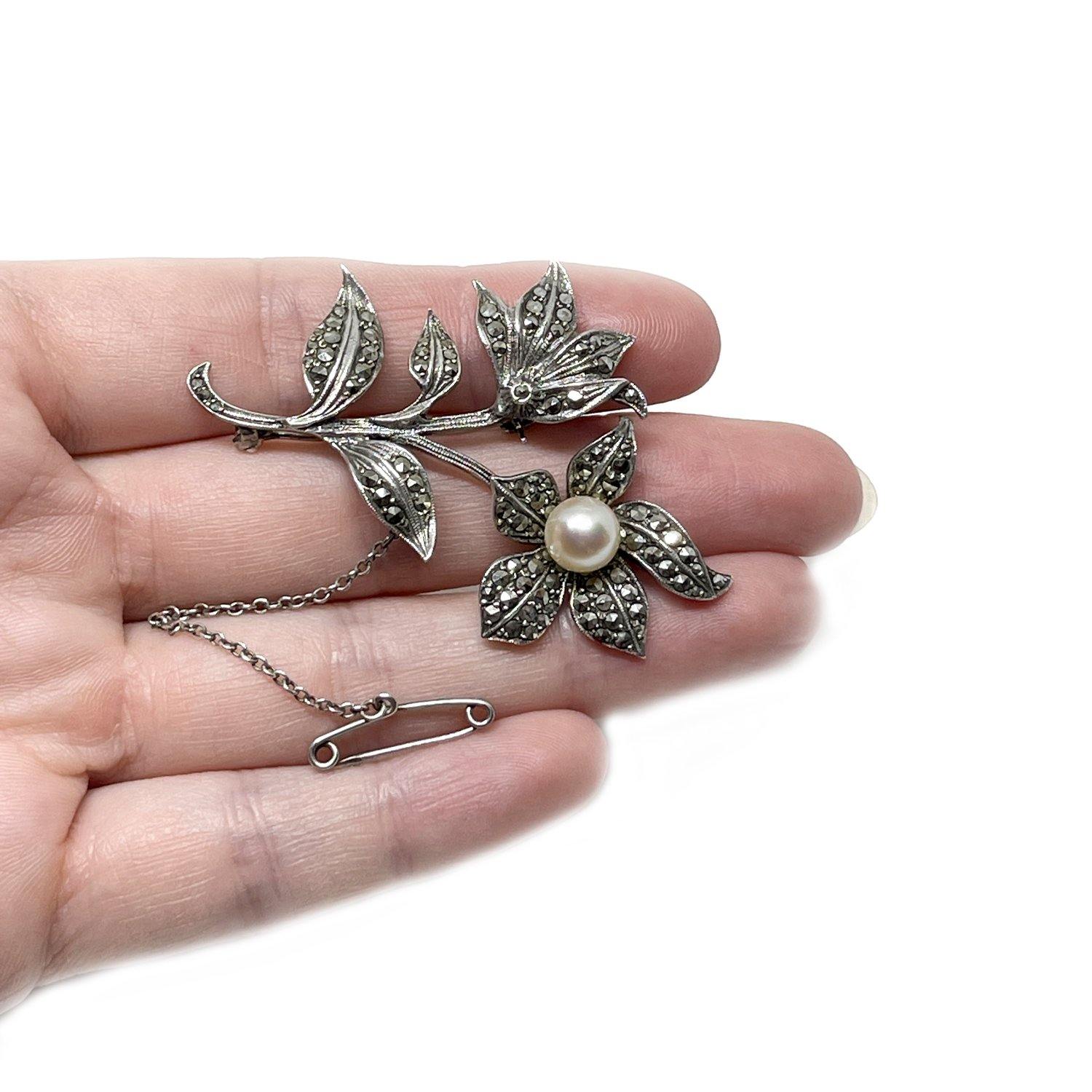 Marcasite Branch Japanese Akoya Cultured Saltwater Pearl Floral Brooch- Sterling Silver