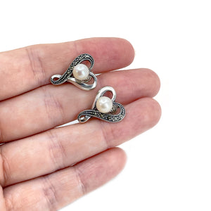Marcasite Heart Akoya Saltwater Cultured Pearl Vintage Clip Earrings- Sterling Silver