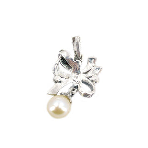 Marcasite Bow Japanese Saltwater Cultured Akoya Pearl Pendant Charm- Sterling Silver