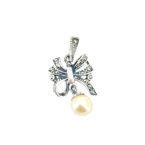 Marcasite Bow Japanese Saltwater Cultured Akoya Pearl Pendant Charm- Sterling Silver