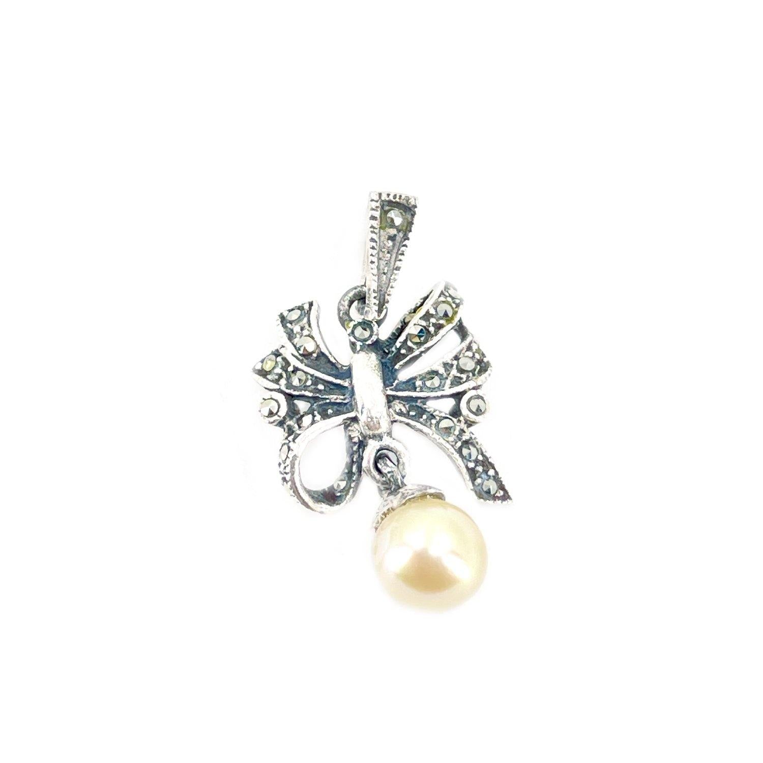 Marcasite Bow Japanese Saltwater Cultured Akoya Pearl Pendant Charm- Sterling Silver