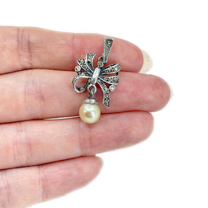 Marcasite Bow Japanese Saltwater Cultured Akoya Pearl Pendant Charm- Sterling Silver