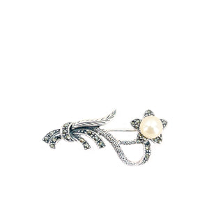 Marcasite Flower Japanese Akoya Cultured Saltwater Pearl Brooch- Sterling Silver