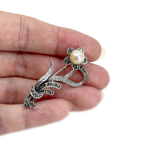 Marcasite Flower Japanese Akoya Cultured Saltwater Pearl Brooch- Sterling Silver