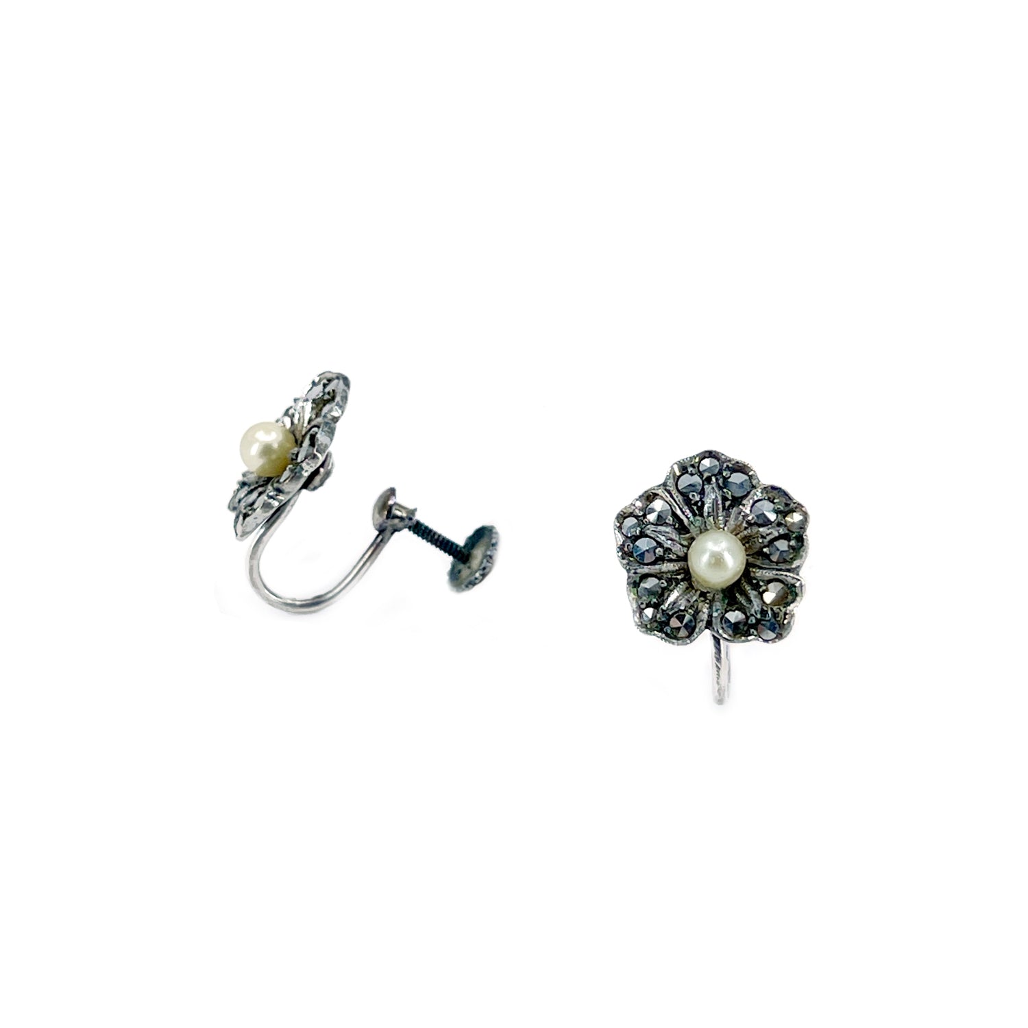 Vintage Flower Bud Marcasite Vintage Akoya Saltwater Cultured Pearl Screwback Earrings- Coin Silver