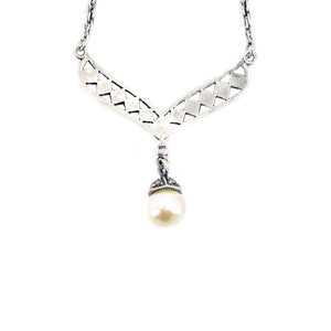 Retro Marcasite V-Necklace Japanese Saltwater Cultured Akoya Pearl Pendant- Sterling Silver 15.50 Inch