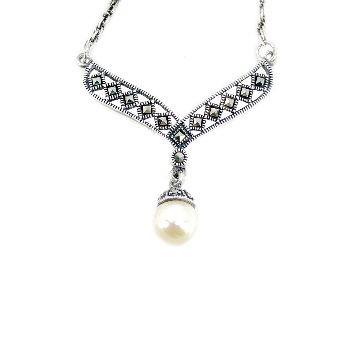 Retro Marcasite V-Necklace Japanese Saltwater Cultured Akoya Pearl Pendant- Sterling Silver 15.50 Inch