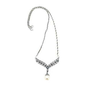 Retro Marcasite V-Necklace Japanese Saltwater Cultured Akoya Pearl Pendant- Sterling Silver 15.50 Inch