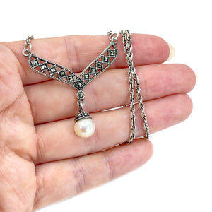 Retro Marcasite V-Necklace Japanese Saltwater Cultured Akoya Pearl Pendant- Sterling Silver 15.50 Inch