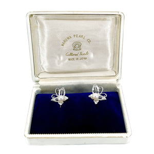 Maruwa Vintage Designer Akoya Saltwater Cultured Pearl Vintage Screwback Butterfly Earrings- Sterling Silver