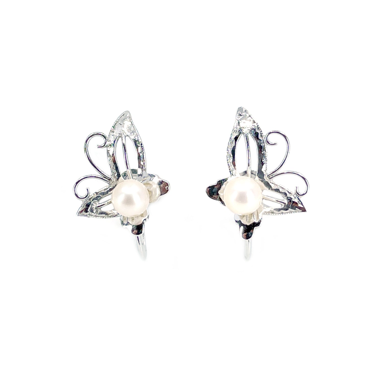 Maruwa Vintage Designer Akoya Saltwater Cultured Pearl Vintage Screwback Butterfly Earrings- Sterling Silver