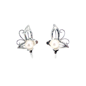 Maruwa Vintage Designer Akoya Saltwater Cultured Pearl Vintage Screwback Butterfly Earrings- Sterling Silver