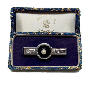 Maruwa Designer Mid Century Modern Men's Japanese Saltwater Akoya Cultured Pearl Black Onyx Silk Tie Bar Money Clip- Sterling Silver