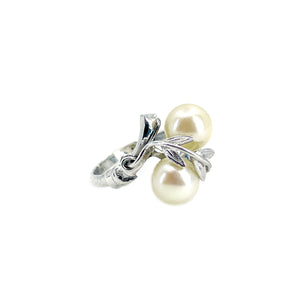Maruwa Leafy Japanese Saltwater Akoya Cultured Double Pearl Ring- Sterling Silver Sz 8