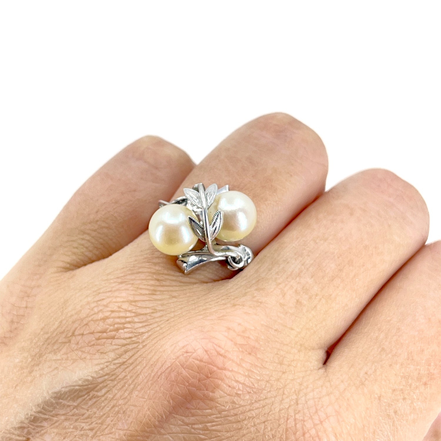 Maruwa Leafy Japanese Saltwater Akoya Cultured Double Pearl Ring- Sterling Silver Sz 8