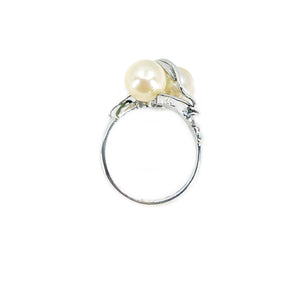 Maruwa Leafy Japanese Saltwater Akoya Cultured Double Pearl Ring- Sterling Silver Sz 8