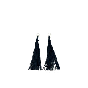 Kumihimo Braided Pure Black Natural Silk Tassel Boho Pierced Earring Enhancer- Sterling Silver 2 Inch