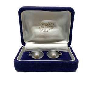 Meiji Designer Japanese Cultured Akoya Pearl Round Mid Century Cufflinks Velvet Box Vintage- Sterling Silver