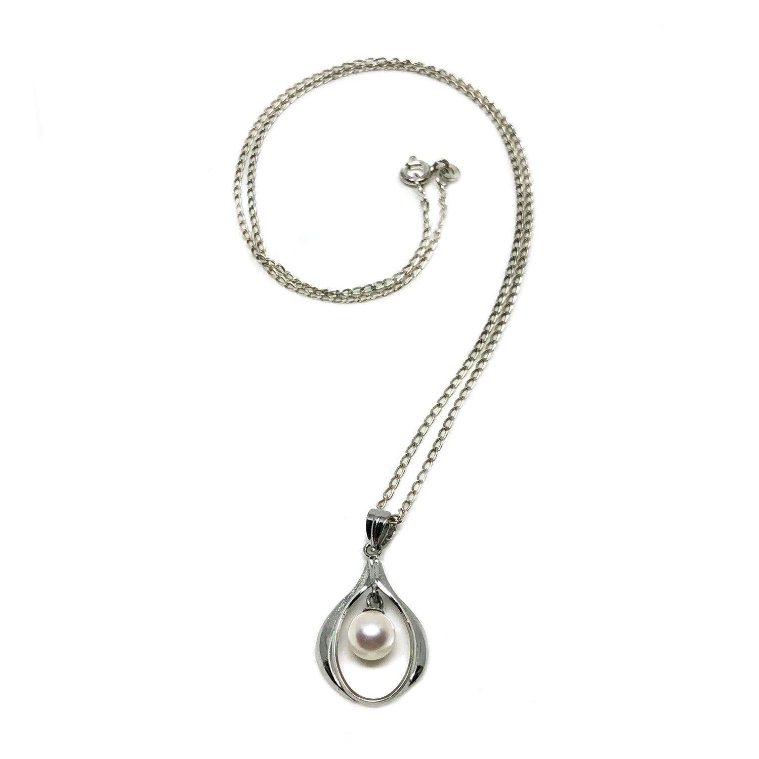 Mid Century Modern Japanese Cultured Akoya Pearl Pendant Brooch- Sterling Silver 17.50 Inch