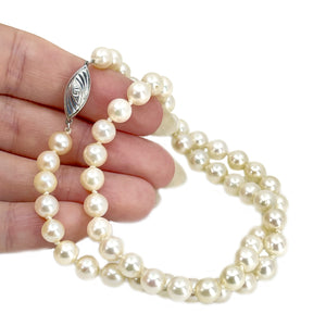 Modernist Retro Saltwater Cultured Akoya Pearl Necklace Vintage Strand- 14K White Gold 17 Inch