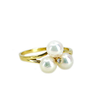 Mikimoto Diamond Cluster Japanese Saltwater Akoya Cultured Pearl Ring- 18K Yellow Gold Sz 6 1/2