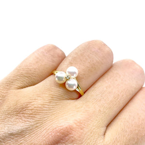 Mikimoto Diamond Cluster Japanese Saltwater Akoya Cultured Pearl Ring- 18K Yellow Gold Sz 6 1/2