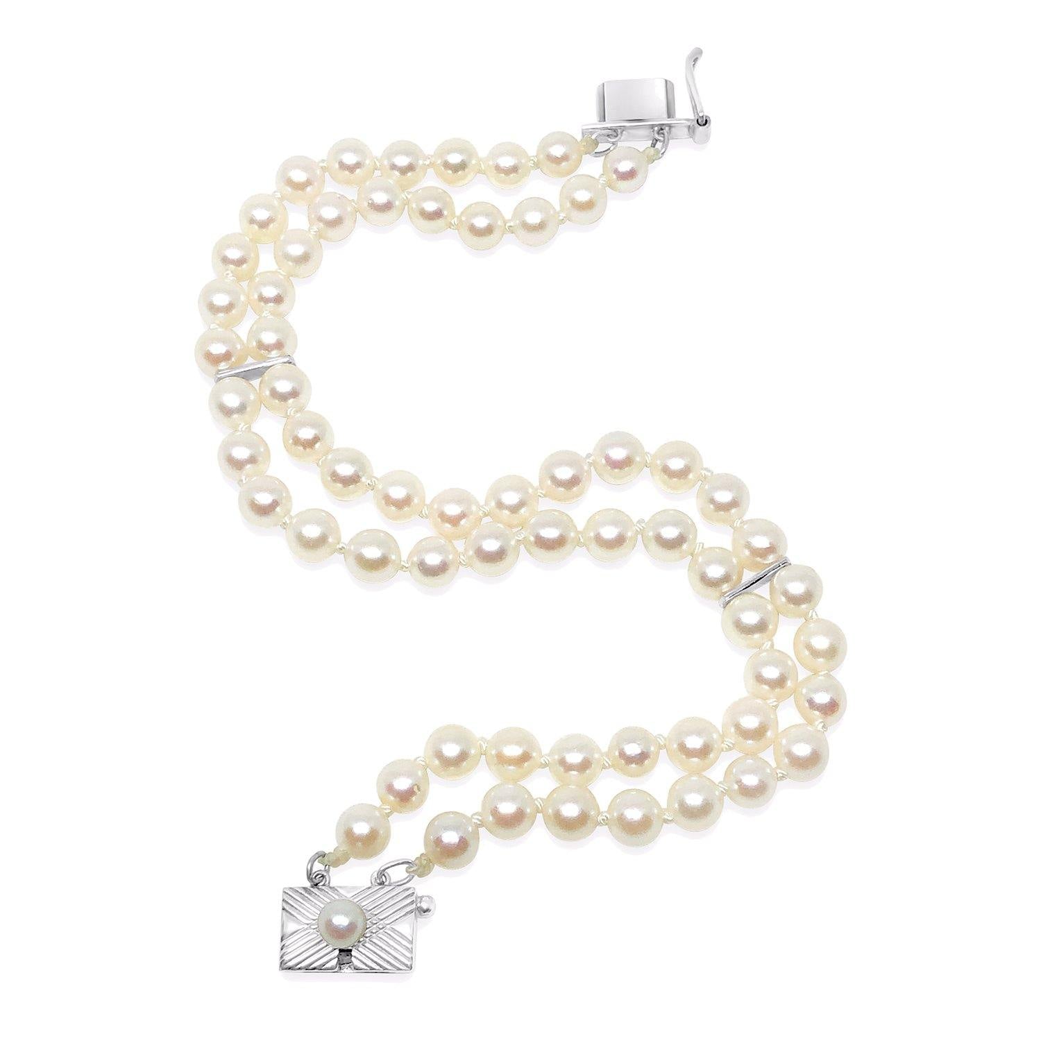 Mikimoto Double Strand Mid-Century Cultured Japanese Akoya Pearl Bracelet- Sterling Silver