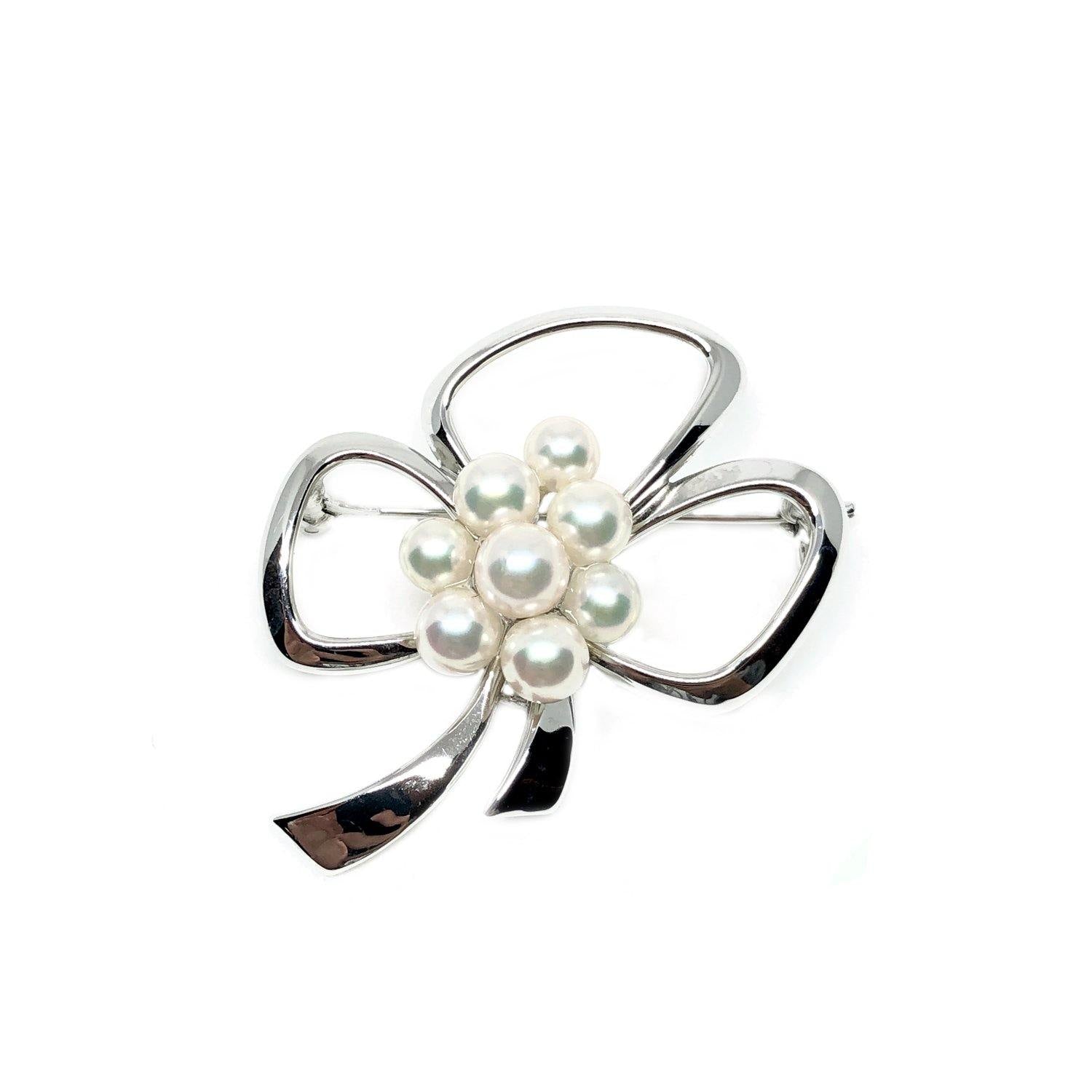 Mikimoto Ribbon Japanese Cultured Saltwater Akoya Pearl Brooch- Sterling Silver