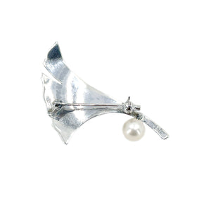 Vintage Mikimoto Ginkgo Leaf Japanese Cultured Saltwater Akoya Pearl Brooch- Sterling Silver