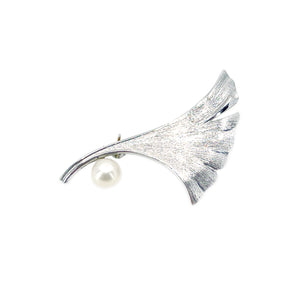 Vintage Mikimoto Ginkgo Leaf Japanese Cultured Saltwater Akoya Pearl Brooch- Sterling Silver