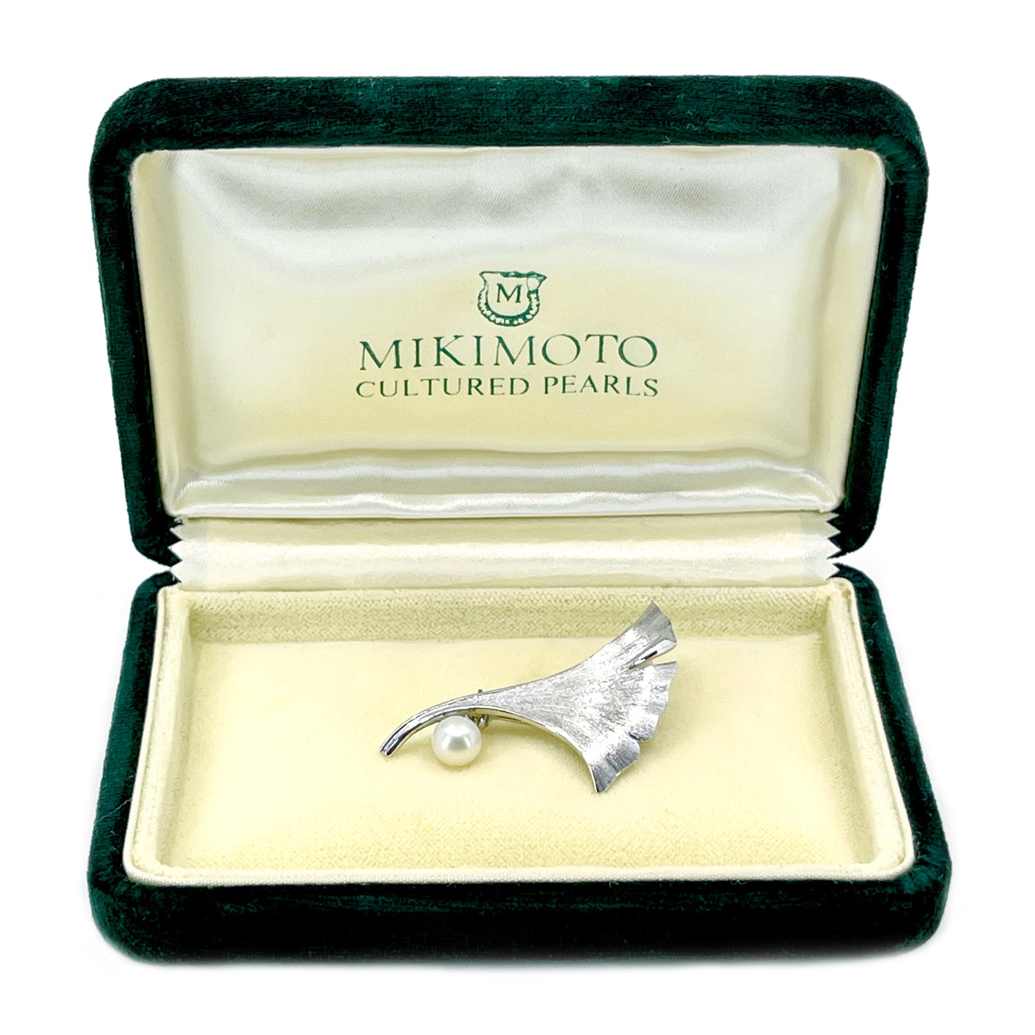 Vintage Mikimoto Ginkgo Leaf Japanese Cultured Saltwater Akoya Pearl Brooch- Sterling Silver