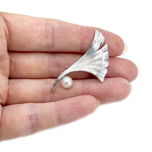Vintage Mikimoto Ginkgo Leaf Japanese Cultured Saltwater Akoya Pearl Brooch- Sterling Silver