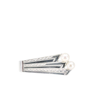 Mikimoto Designer Mid Century Engraved Men's Japanese Saltwater Akoya Cultured Pearl Tie Bar- Sterling Silver