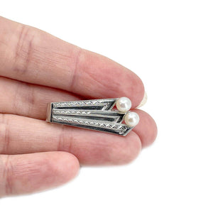 Mikimoto Designer Mid Century Engraved Men's Japanese Saltwater Akoya Cultured Pearl Tie Bar- Sterling Silver
