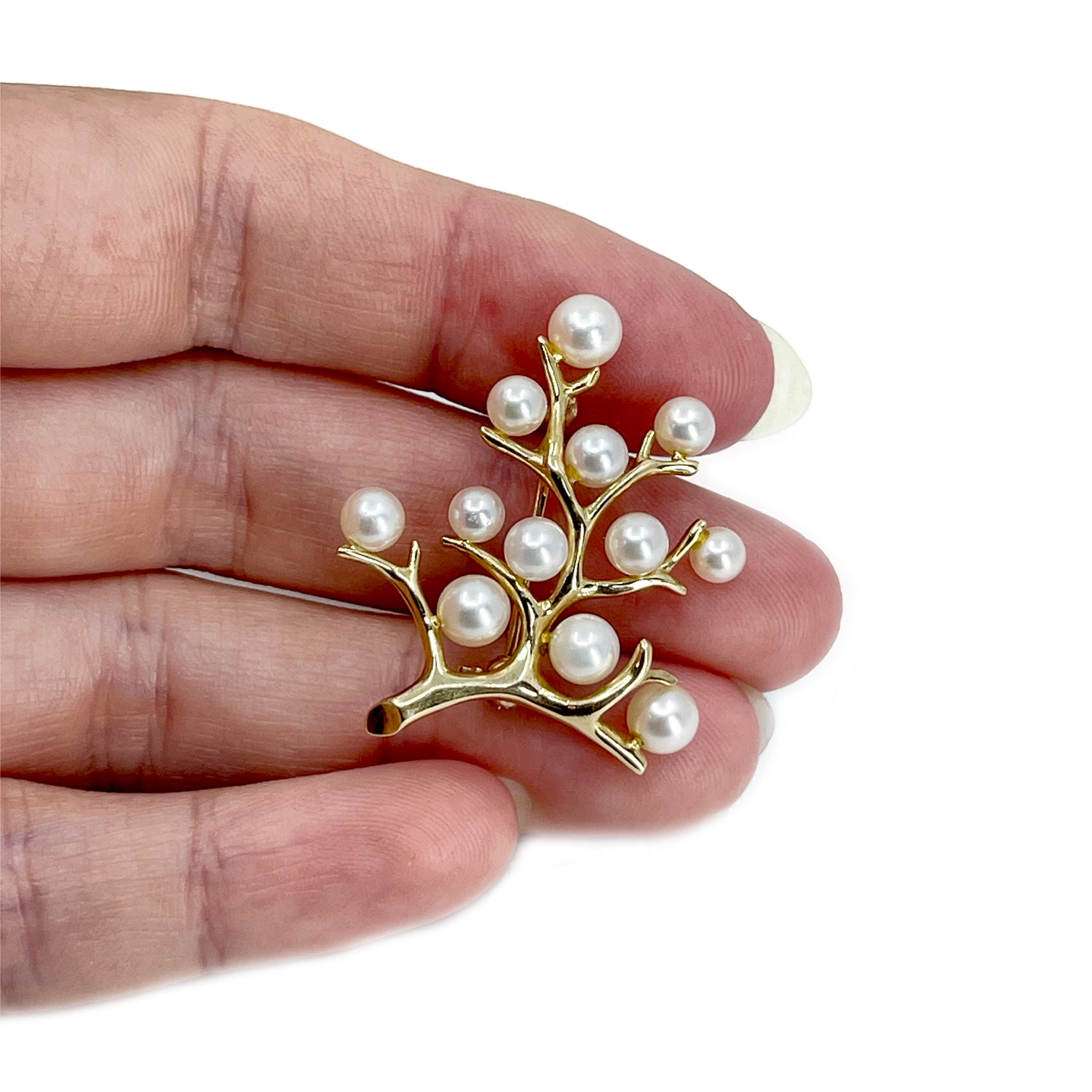 Mikimoto Tree of Life Japanese Cultured Saltwater Akoya Pearl Vintage Brooch- 14K Yellow Gold