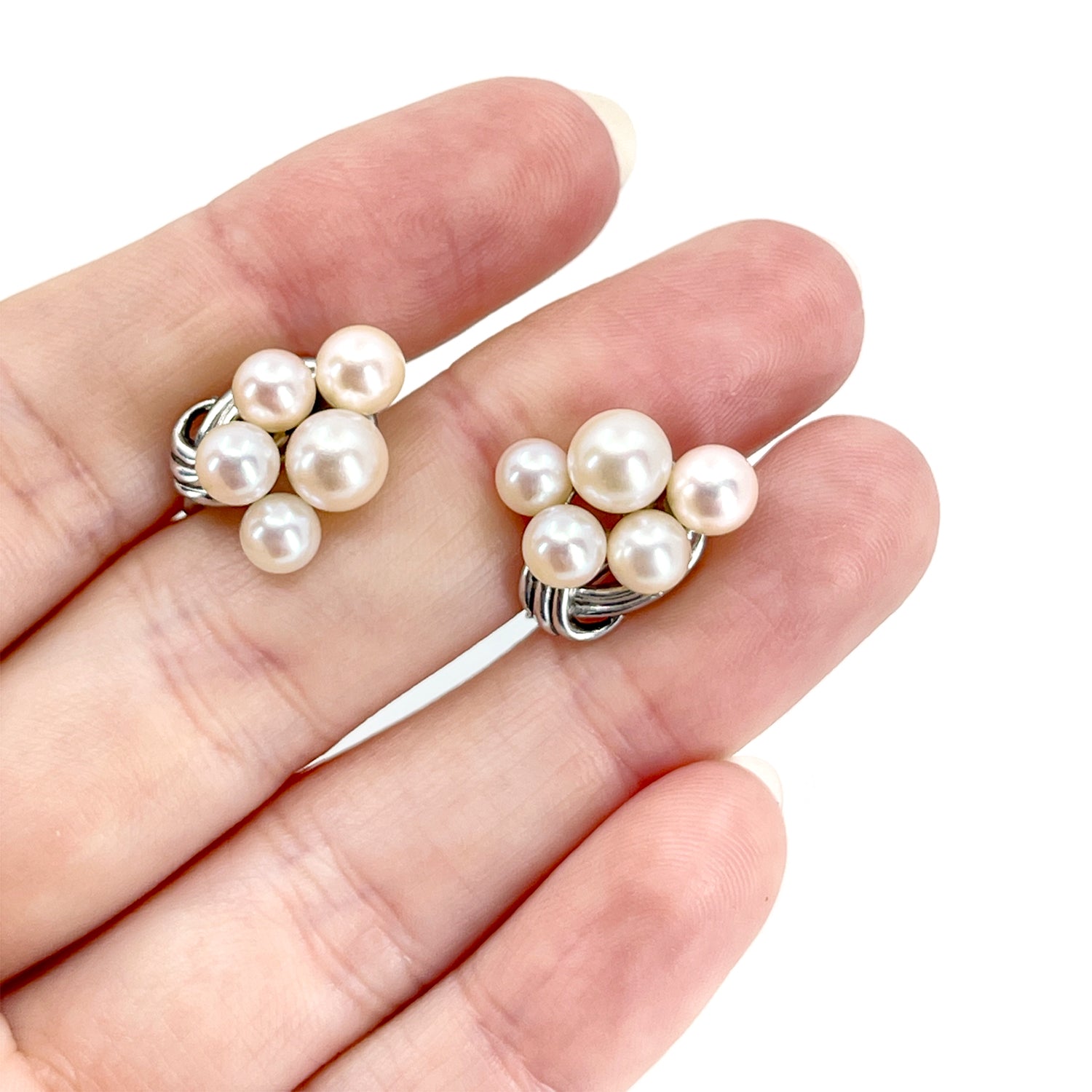 Vintage Mikimoto Akoya Saltwater Cultured Pearl Ribbon Screwback Earrings- Sterling Silver