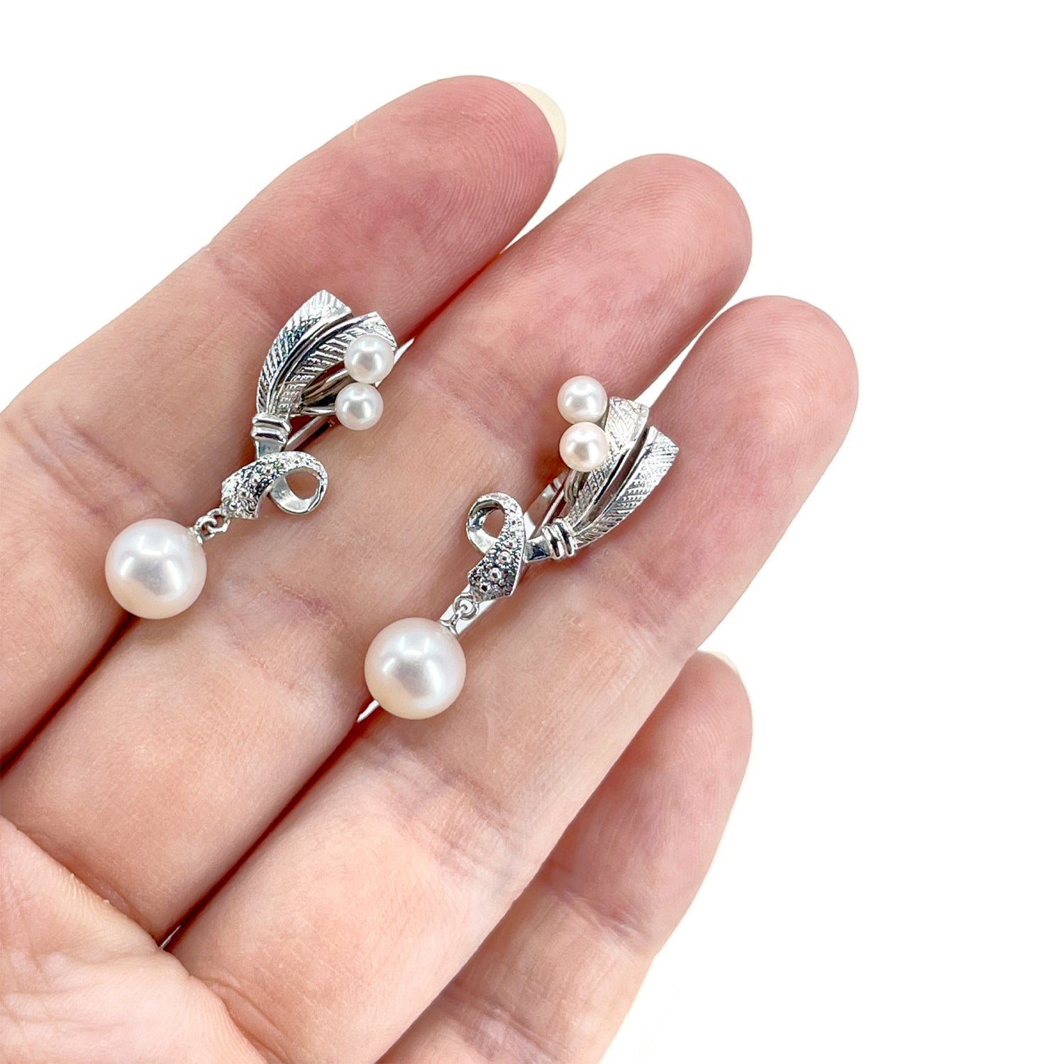 Vintage Mikimoto Akoya Saltwater Cultured Pearl Screwback Dangle Earrings- Sterling Silver