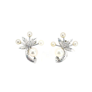 Mikimoto Botanical Leaf Akoya Saltwater Cultured Pearl Vintage Screwback Earrings- Sterling Silver