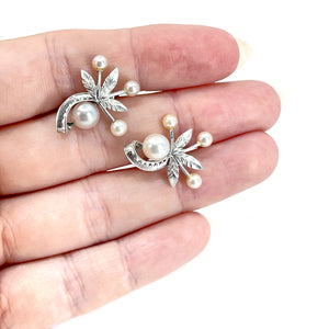 Mikimoto Botanical Leaf Akoya Saltwater Cultured Pearl Vintage Screwback Earrings- Sterling Silver