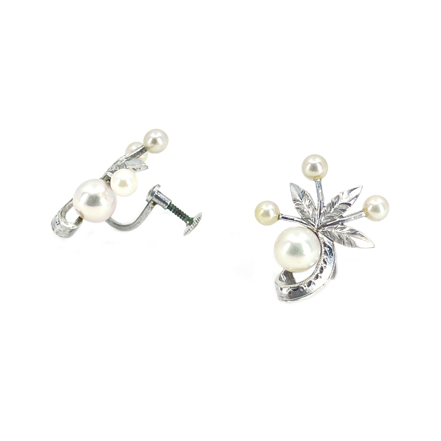 Mikimoto Botanical Leaf Akoya Saltwater Cultured Pearl Vintage Screwback Earrings- Sterling Silver