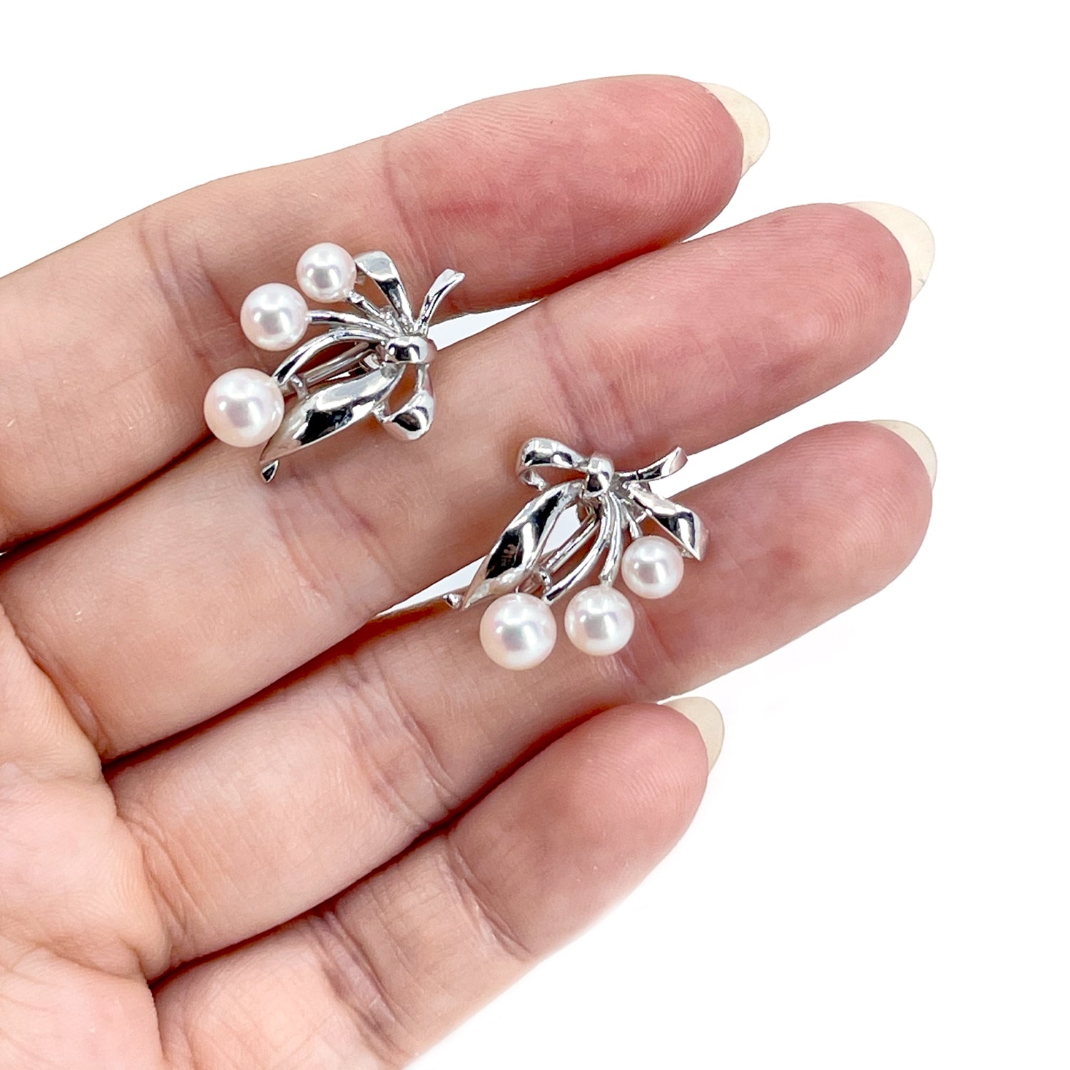 Vintage Mikimoto Ribbon Akoya Saltwater Cultured Pearl Screwback Earrings- Sterling Silver