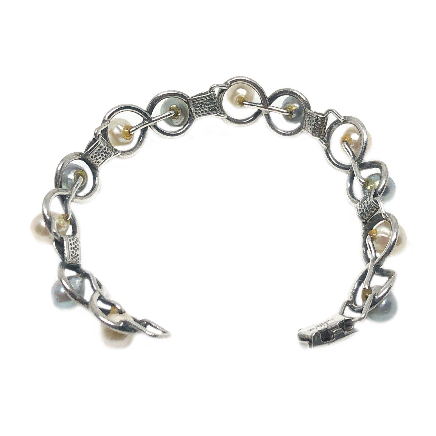 Japanese Blue & White Saltwater Akoya Cultured Pearl Bracelet Mings of Honolulu- Sterling Silver