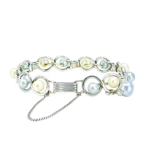 Vintage Japanese Blue & White Saltwater Akoya Cultured Pearl Bracelet Mings of Honolulu- Sterling Silver