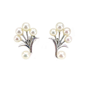 Modernist Spray Akoya Japanese Saltwater Cultured Pearl Vintage Screwback Earrings- Sterling Silver
